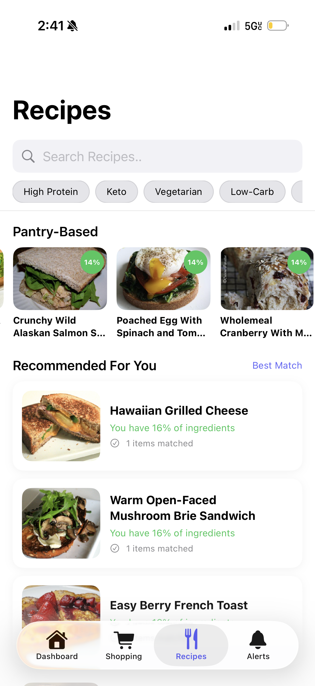 Recipes screen